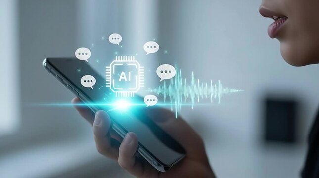 AI voice assistant on smartphone with glowing interface and sound waves, futuristic technology concept