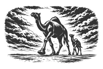 Desert Landscape Vector Illustration Featuring a Camel and Calf Walking in an Etched Vintage Woodcut Style for Travel and Middle East Themes © Chairul