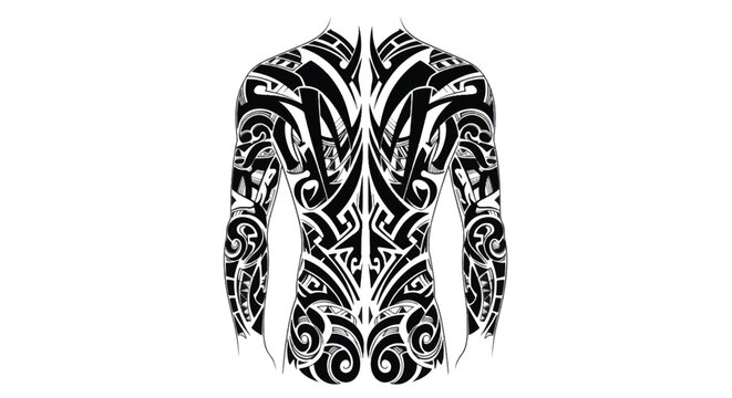 Monochrome tribal torso tattoo design with intricate sleeve patterns and bold motifs.