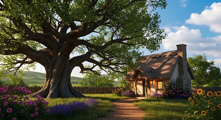 Beautiful flowers surround a cozy cottage in a serene garden setting with lush greenery and vibrant blooms