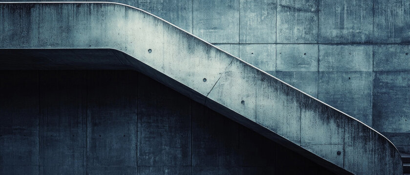 A cold concrete staircase with sharp shadows emphasises the industrial emptiness and dreary state of the urban environment, which may symbolise the decline of infrastructure.
 
