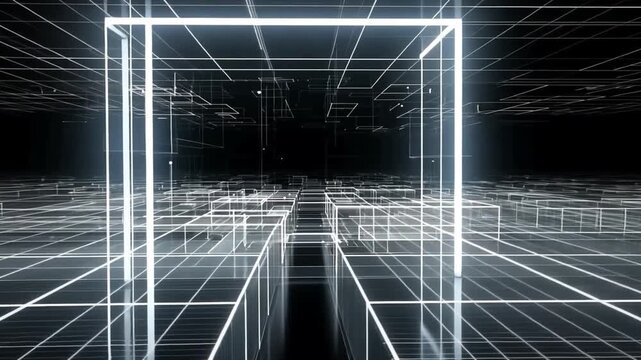 Abstract futuristic corridor with glowing lines and grid patterns