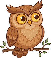 Naklejka premium Cute Cartoon Owl Perched On A Tree Branch With Big Yellow Eyes