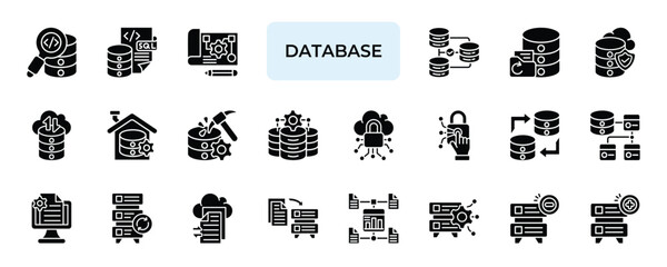 Database Icon set Collection in Solid Glyph Style. storage, server, cloud, backup, control, center