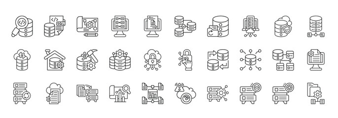 Database Icon set Collection in Line Style. storage, server, cloud, backup, control, center