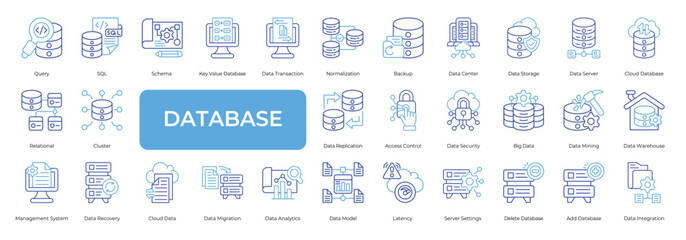 Database Icon set Collection in Line Two Color Style. storage, server, cloud, backup, control, center