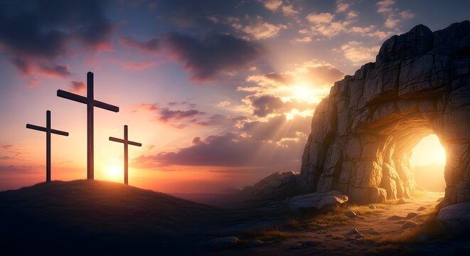 Easter sunday resurrection scene with crosses and empty tomb at sunrise