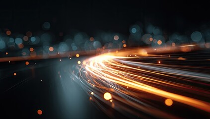 Streaks of golden light accelerate into a dark, bokeh-filled background