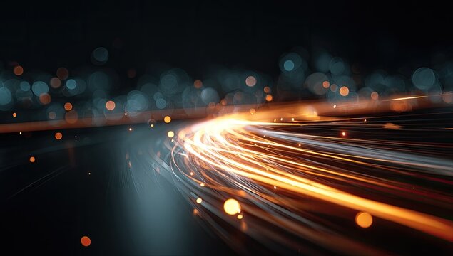 Streaks of golden light accelerate into a dark, bokeh-filled background