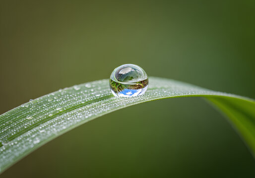 Macro shot of a single dewdrop on a blade of grass.