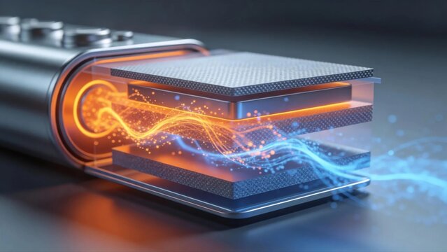 Abstract 3D render of solid-state battery technology with glowing energy flow