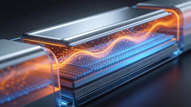 Abstract 3D render of solid-state battery technology with glowing energy flow