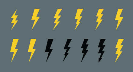 Collection of yellow and black lightning bolt icons on gray background.