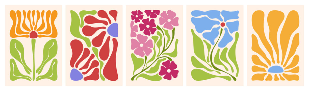 Abstract doodle floral pattern with Matisse style flowers and leaves. Retro vector design for trendy posters with cut out plants, botanical prints with groovy vintage style.