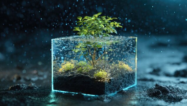 Tiny tree thrives in a glowing cube with water droplets falling