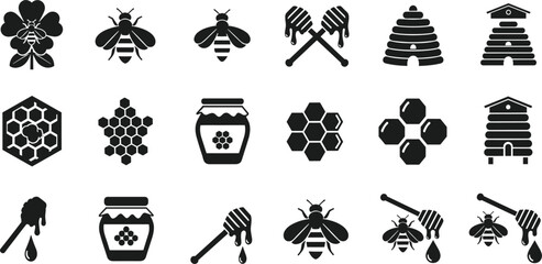 Collection of honey bee icons including honeycombs, jars, wooden dippers, beehives, and flying bees, black vector symbols for organic apiary branding © Anamul Arafat
