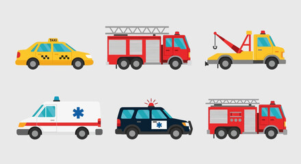 Collection of Emergency Vehicles Including Police Car, Fire Trucks, Ambulance, and Tow Truck. © Abhinaya Project