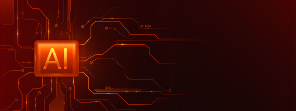 AI technology background with electronic circuit pattern and red button on black background. Vector realistic illustration of abstract network lines, futuristic data analysis, modern tech network