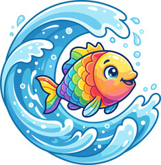 Fototapeta premium Cute Rainbow Fish Swimming Through a Blue Wave In A Cartoon Style