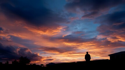 Obraz premium A lone silhouette sits on a rooftop gazing at a dramatic colorful sunset sky filled with vibrant clouds