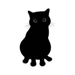 Obraz premium Black cat with big green eyes. Cat is sitting front view. Vector illustration