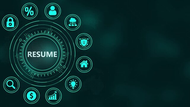 Digital interface featuring the word RESUME at its center, encircled by a variety of business and data icons on a dark technological background