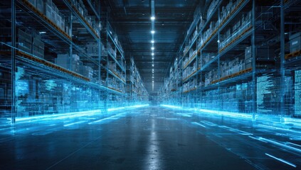 Obraz premium Futuristic digital warehouse with glowing blue data streams