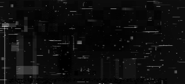 Glitch effect black background with digital pixel noise and distorted VHS static pattern on screen, abstract vector background. White retro tech aesthetic, pixelated texture overlay.