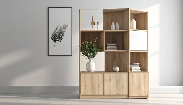 Modern room with light wooden shelving and decor, framed art, and white walls