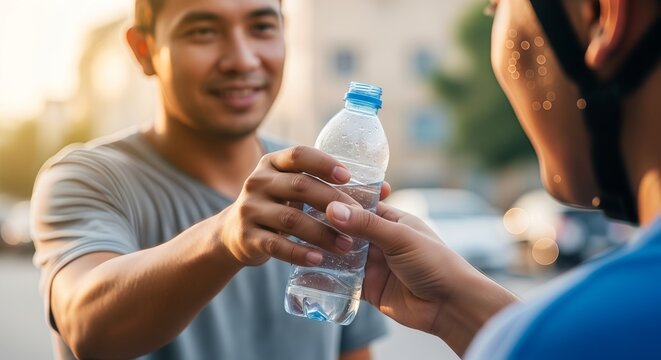Man giving plastic water bottle to another person. Volunteer offering drink for hydration in a gesture of charity and kindness. Generosity concept.