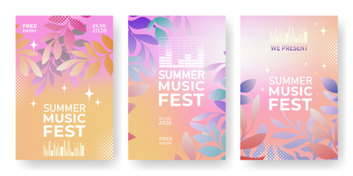 Music fest poster set with vibrant gradient, halftones and abstract floral design, vector illustrations. Template for concert flyers, electro club events, and festival promotions.