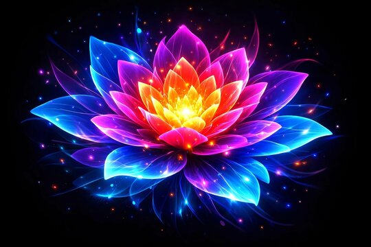 beautiful abstract colorful flower. ultrawide 16:9 wallpaper background perfect for oled display with vibrant colors on dark. for ads web design, prints and copy 

