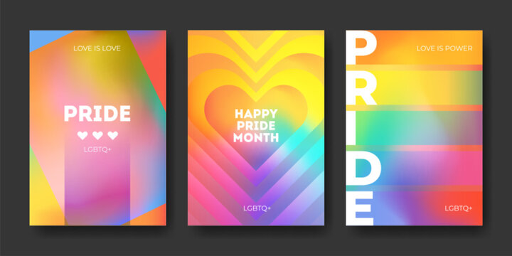 Pride month poster with rainbow gradient background. LGBT celebration abstract graphic colorful design with hearts, gay parade flyer, social media banner, or event cover template.