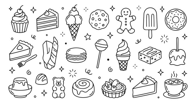 Delicious Hand-Drawn Doodle Desserts & Sweets Vector Collection. A charming set of outline icons featuring cakes, ice cream, donuts, cookies, candy, and pastries, perfect for bakery menus, food brand