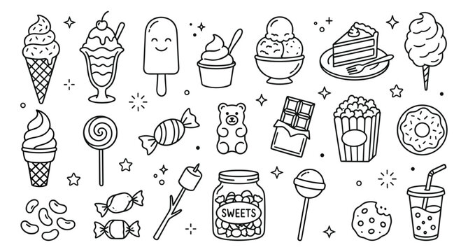 Sweet Treats Doodle Line Art Icons Set. Hand-Drawn Collection of Various Desserts, Candy, Ice Cream, and Snacks. Perfect for Kids' Party Menus, Branding, and Web Design.