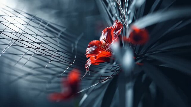 Captivating Red Flower Amidst Delicate Black Web and Shadows