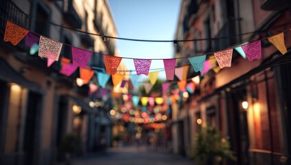 Fototapeta premium Strings of brightly colored, decorative paper banners crisscross above a narrow, historic street scene