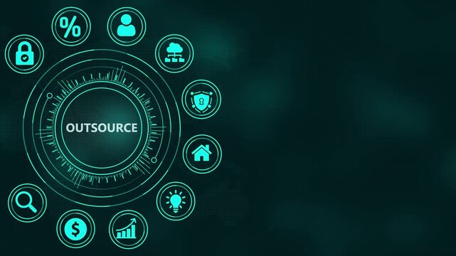 Glowing Teal Digital Interface with Central Word OUTSOURCE and Surrounding Business Icons outsource