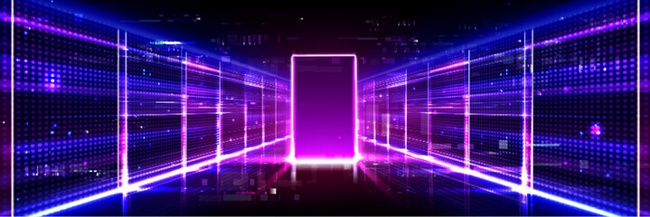 Obraz premium Futuristic digital open door or portal, glowing neon cyberspace. Abstract vector background with dynamic data streams and glich effect, 3d tech gate entrance illuminated by blue purple light