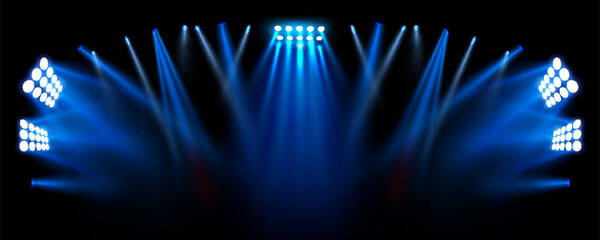 Bright stadium lights on dark night sky background with stars, realistic vector bg. Illumination for sports arena with powerful blue beams, dramatic atmosphere banner for football games © klyaksun