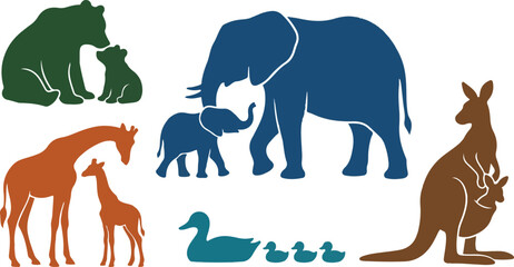 Wildlife family silhouette vector set featuring elephant and calf, giraffe and baby, kangaroo with joey, bear with cubs, and duck with ducklings, designed in clean flat style for educational and natur © Muntaha Studio