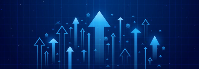 Fototapeta premium Blue neon arrows growing up, financial success abstract vector background. Modern upward graphic, market rise, stock progress metrics, and business success strategy with futuristic design elements.
