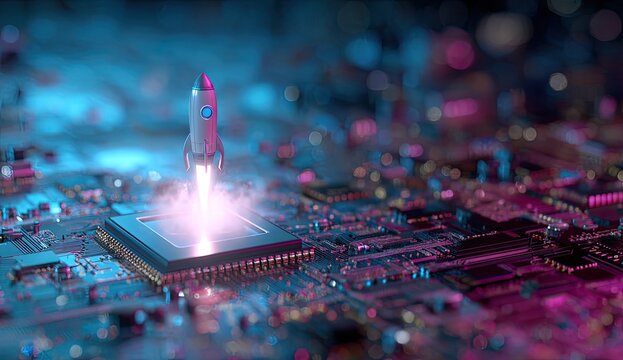 Rocket launching from a computer chip, glowing with energy