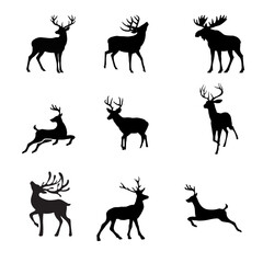 Fototapeta premium Deer Silhouette Set Showing Jumping Running and Standing Poses