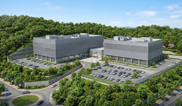 3d architectural rendering of a modern data center in the counrty
