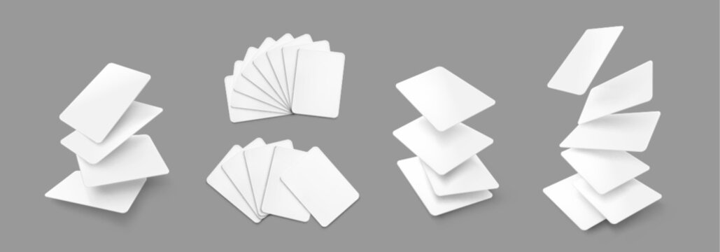 Blank flying poker card mockup with white deck elements, realistic vector set isolated on grey background. 3D template with falling cards for game presentation, business voucher design, or casino