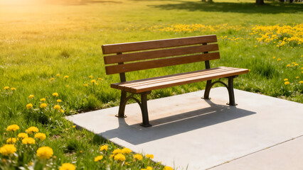 Fototapeta premium Wooden bench in grassy field with flowers