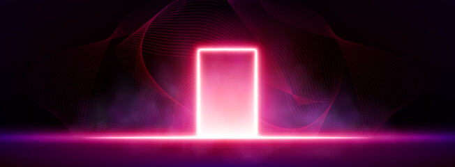 Neon door with pink and red glow and abstract lines on black background. Vector realistic illustration of magic portal, 3D gateway with bright light, futuristic digital entrance, cyberspace entrance © klyaksun