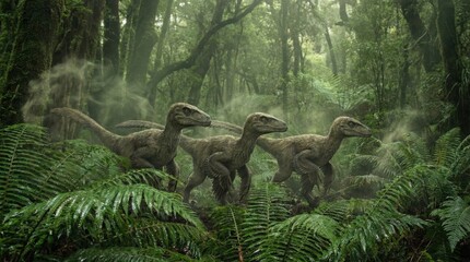 Fototapeta premium Three velociraptors in misty lush jungle, surrounded by dense green ferns and trees, displaying natural habitat and prehistoric wildlife scene