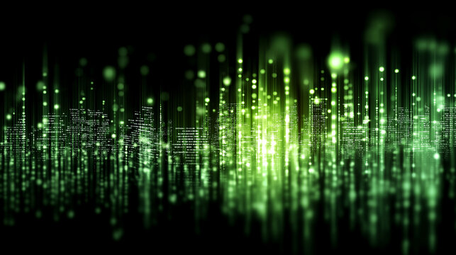 Abstract digital binary rain artwork cascading columns of glowing green and white binary digits falling against a deep black background the characters in focus at the vertical